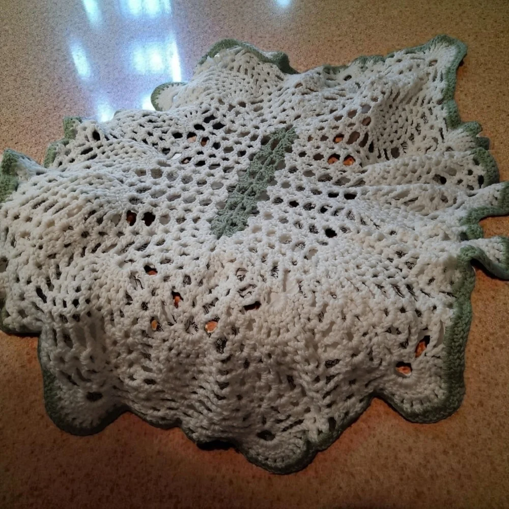 Handmade Crochet Blanket with Green Trim 46x50